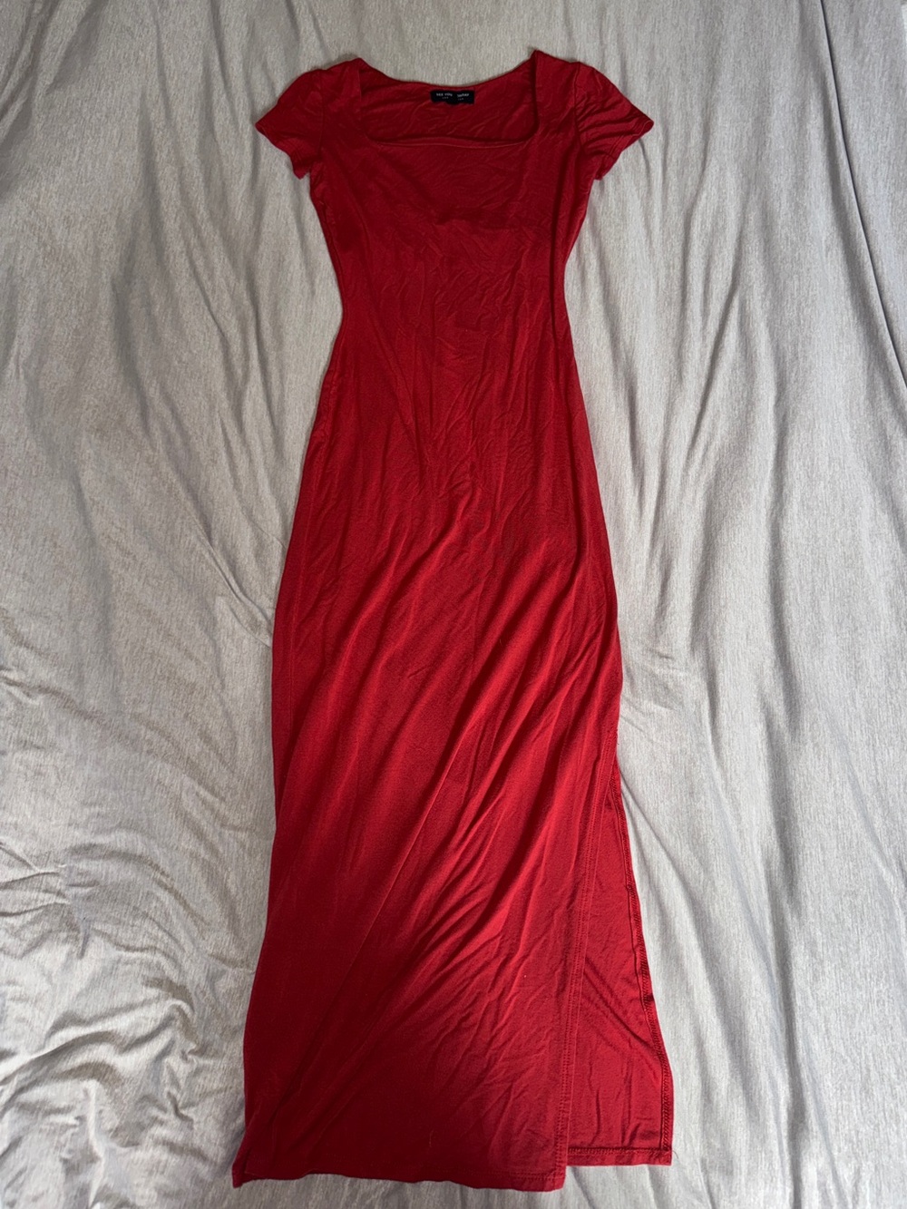 Double Lined Red Scoop Neck Maxi Dress With Slit